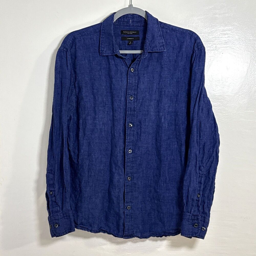Banana Republic Shirt Men's Medium Blue Standard Fit 100% Linen Button Preppy
